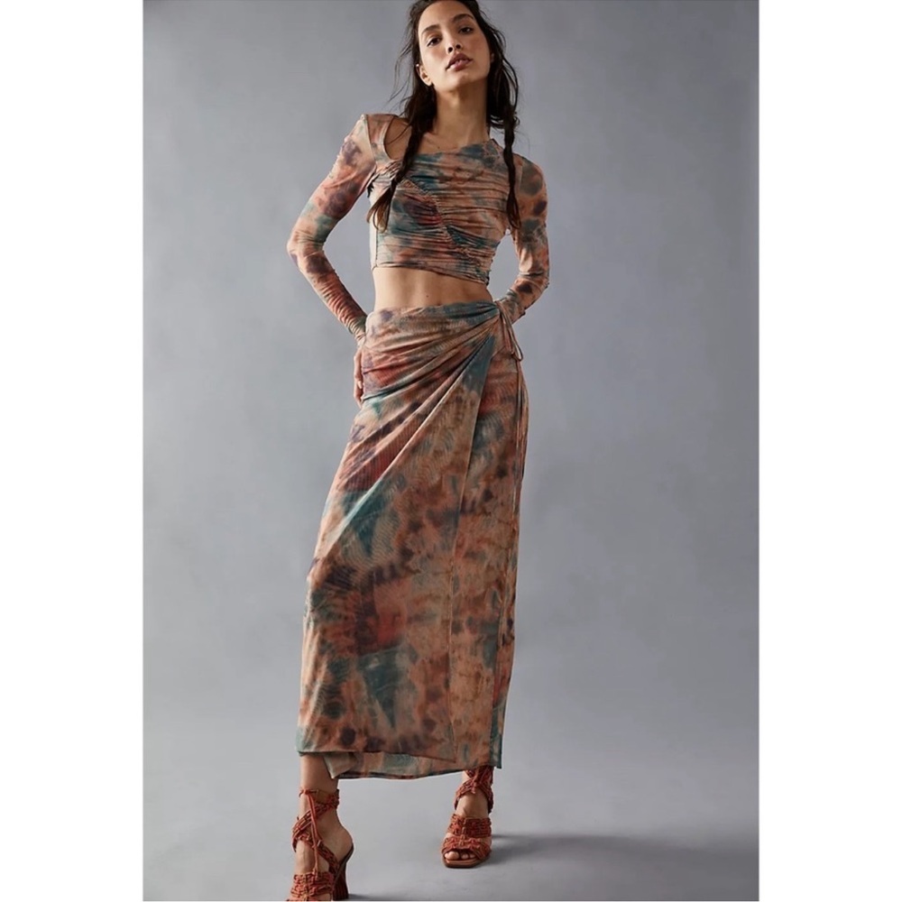 New Free People Supernova Set Two Piece Skirt Crop Top Long Sleeve